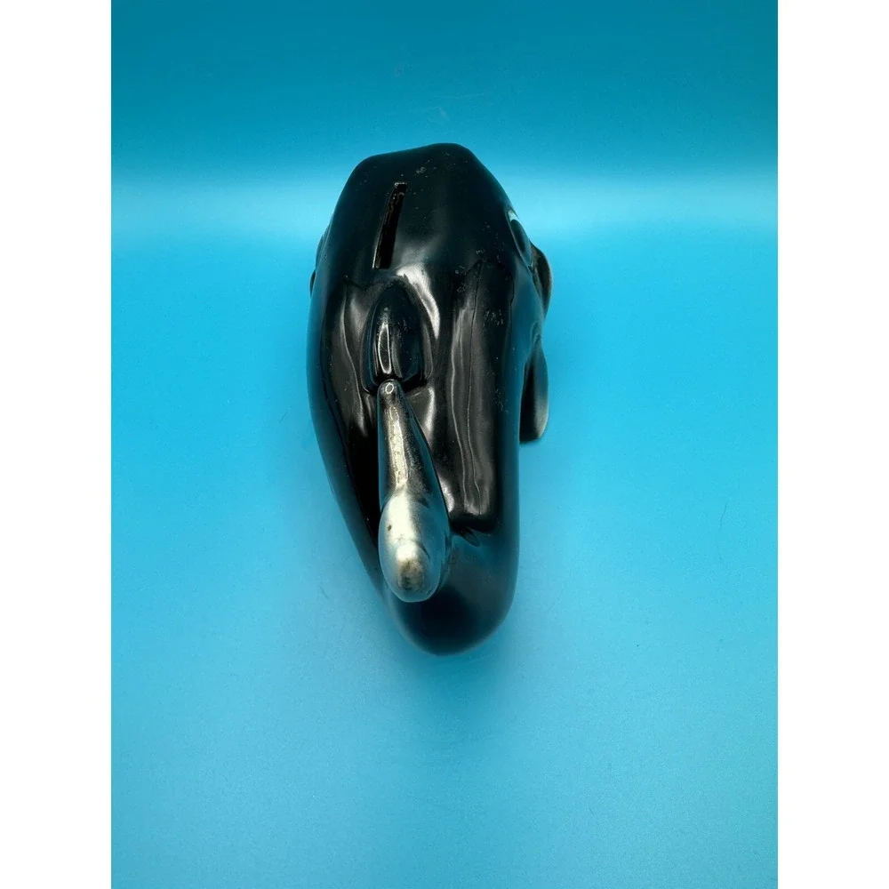 Vintage Whale‎ Ceramic Bank Figurine Piggy Coin Bank Anthropomorphic Happy Gray